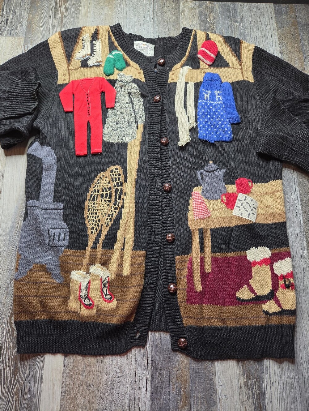 Susan Bristol Vintage Cardigan Sweater Log Cabin Theme Medium FLAW